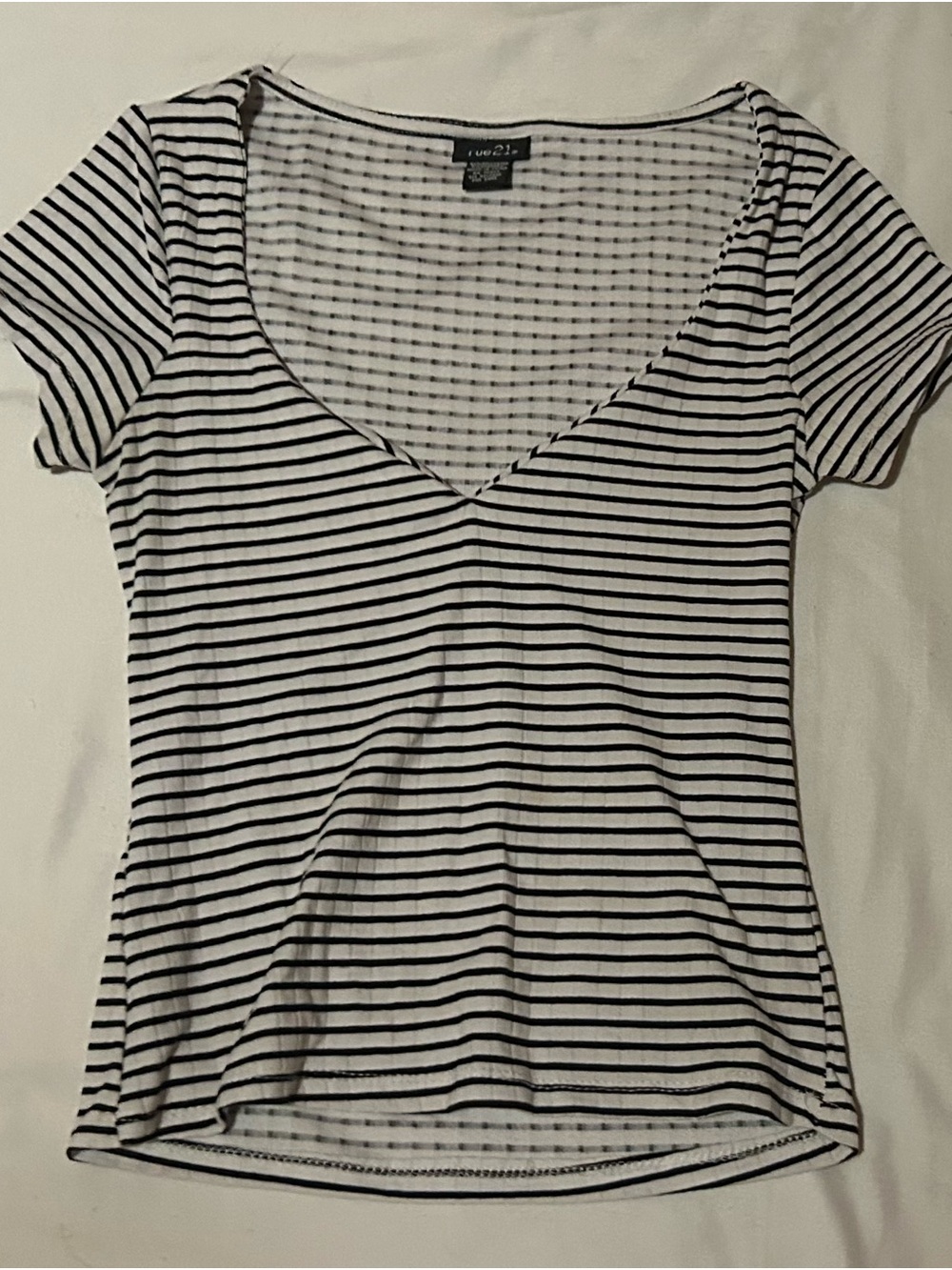 Rue21 Black and White Striped V-Neck Short Sleeve Tee